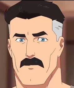 Animated illustration of a man with dark hair, blue eyes, and a thick black mustache against a brown background