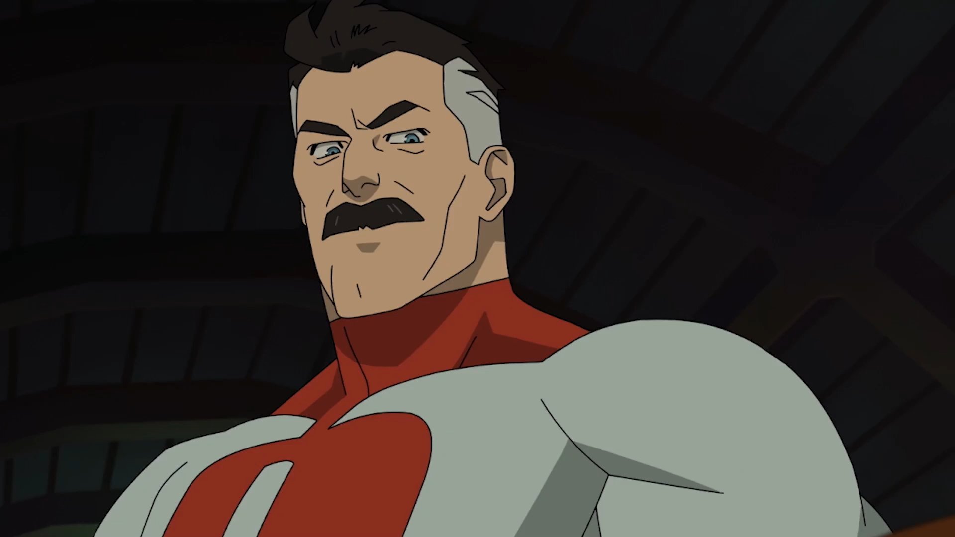 Animated man with dark hair and mustache wearing red and white superhero costume against dark background